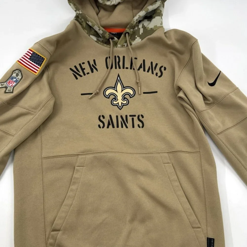New Orleans Saints Hoodie Mens Small Salute to Service Camo Therma Pullover Tan